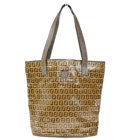 FENDI Logo Zucchino Shoulder Tote Bag Coating Canvas Leather Brown Italy - Picture 1 of 14
